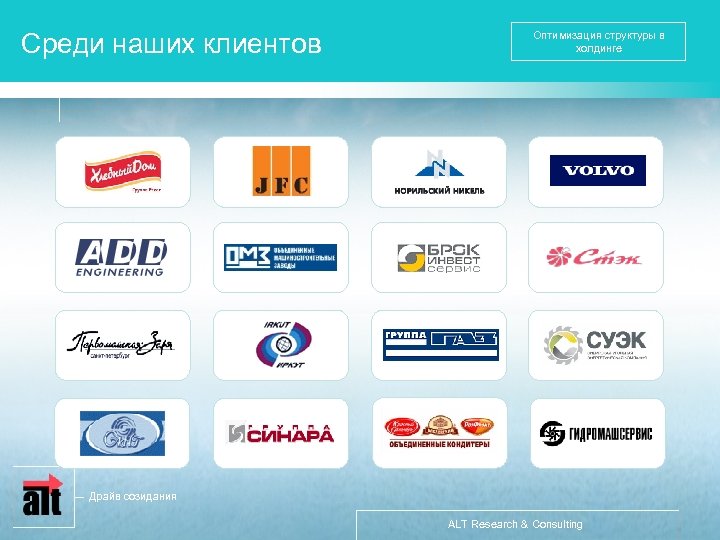 Среди наших клиентов Оптимизация структуры в холдинге Драйв созидания ALT Research & Consulting 