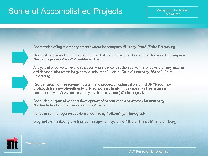 Some of Accomplished Projects Management in holding structures Optimization of logistic management system for