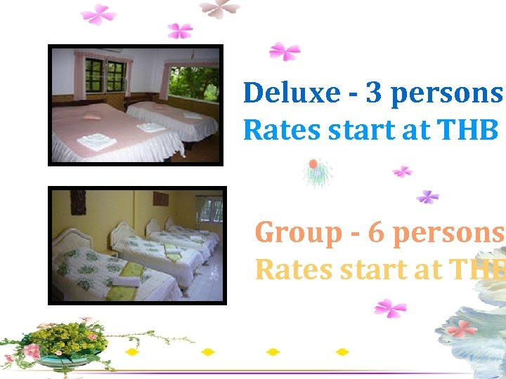 Deluxe - 3 persons Rates start at THB 1 Group - 6 persons Rates