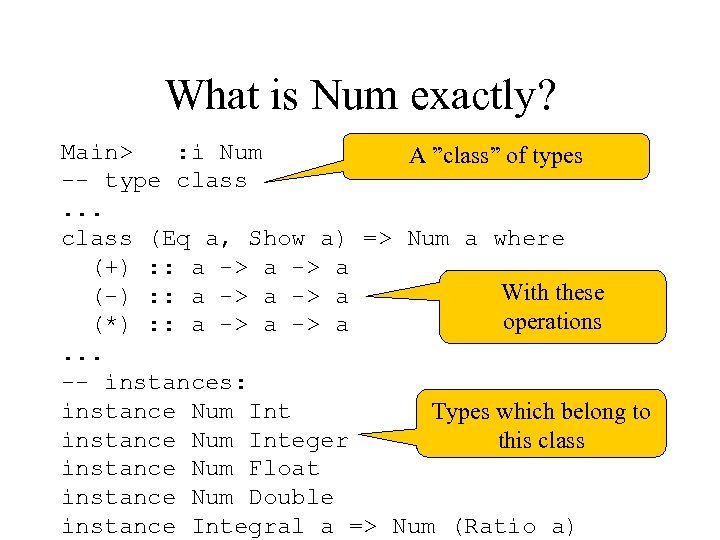 What is Num exactly? Main> : i Num A ”class” of types -- type