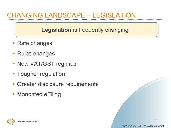 CHANGING LANDSCAPE – LEGISLATION Legislation is frequently changing • Rate changes • Rules changes