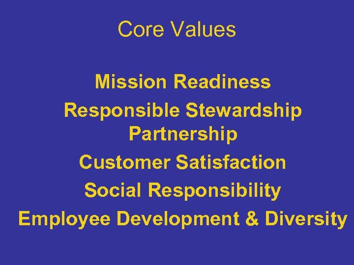 Core Values Mission Readiness Responsible Stewardship Partnership Customer Satisfaction Social Responsibility Employee Development &
