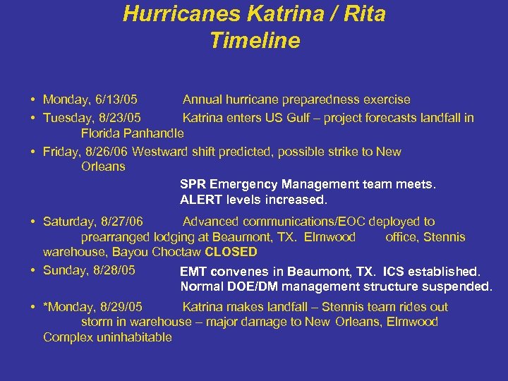 Hurricanes Katrina / Rita Timeline • Monday, 6/13/05 Annual hurricane preparedness exercise • Tuesday,