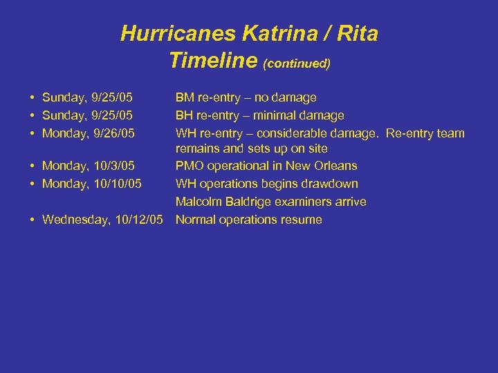Hurricanes Katrina / Rita Timeline (continued) • Sunday, 9/25/05 • Monday, 9/26/05 • Monday,