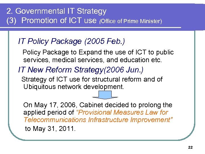 2. Governmental IT Strategy (3)　Promotion of ICT use (Office of Prime Minister) IT Policy