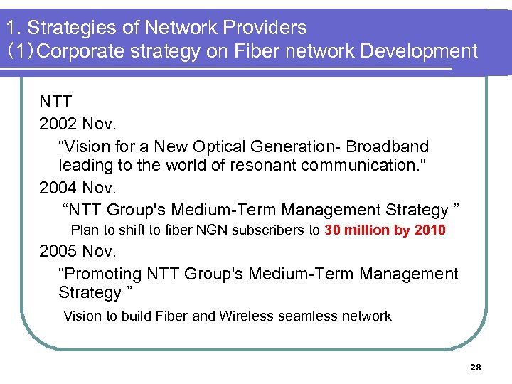 1. Strategies of Network Providers （1）Corporate strategy on Fiber network Development NTT 2002 Nov.