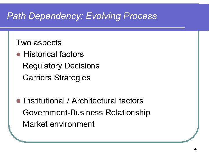 Path Dependency: Evolving Process Two aspects l Historical factors Regulatory Decisions Carriers Strategies l