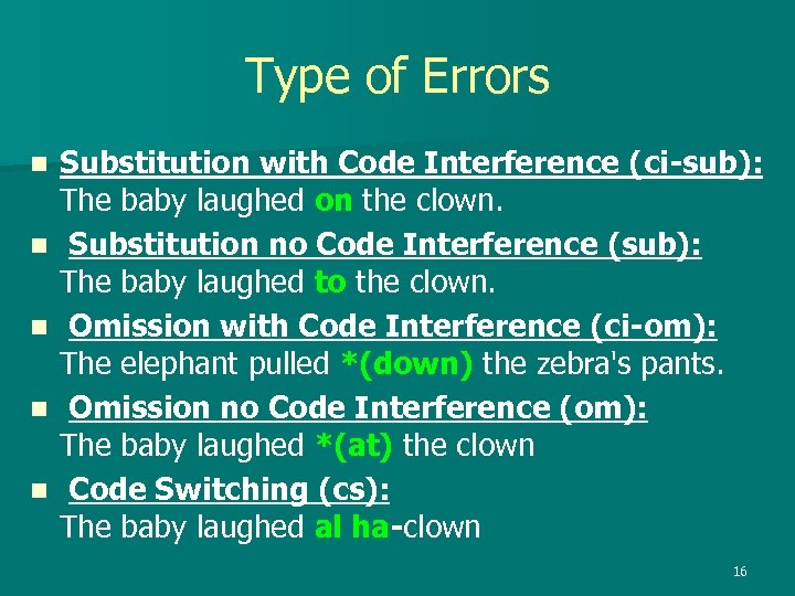 Type of Errors n n n Substitution with Code Interference (ci-sub): The baby laughed