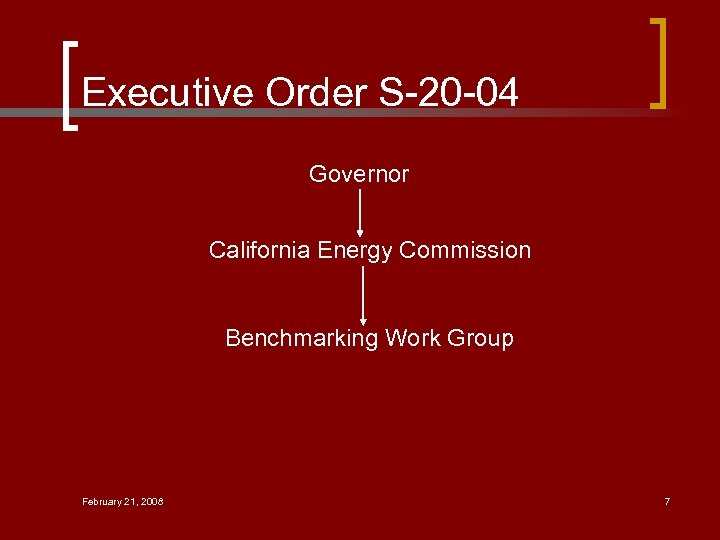 Executive Order S-20 -04 Governor California Energy Commission Benchmarking Work Group February 21, 2008