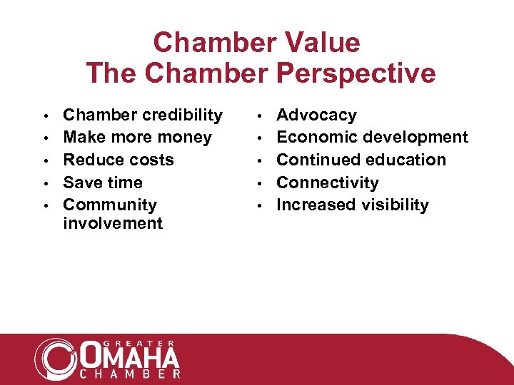 Chamber Value The Chamber Perspective • • • Chamber credibility Make more money Reduce