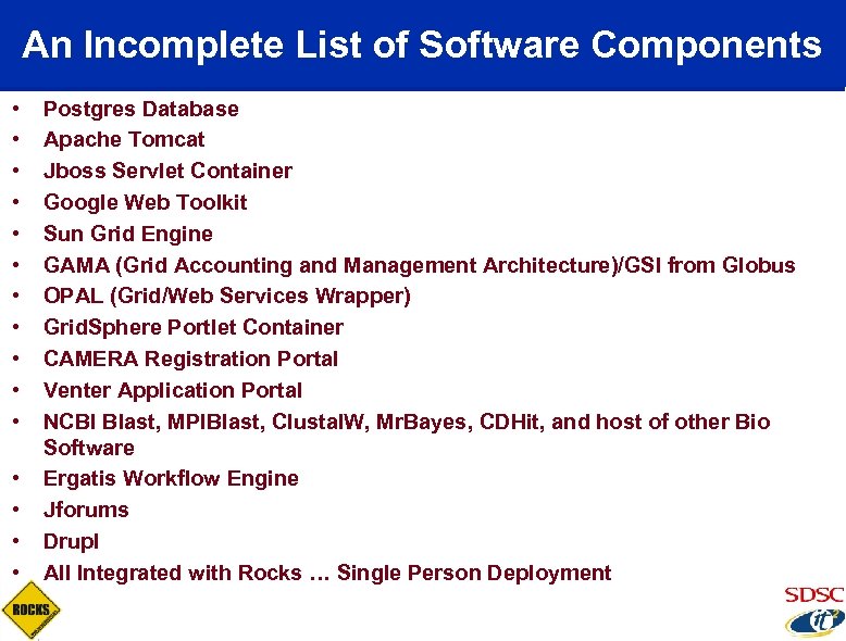An Incomplete List of Software Components • • • • Postgres Database Apache Tomcat