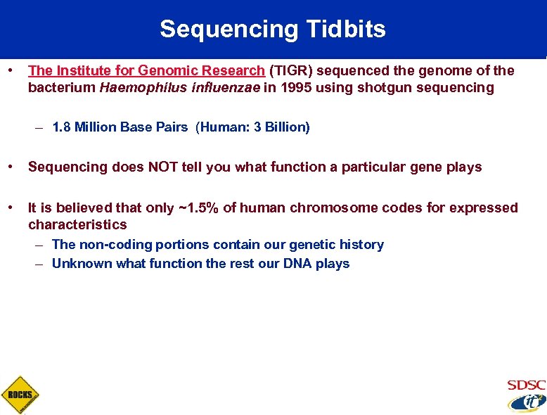 Sequencing Tidbits • The Institute for Genomic Research (TIGR) sequenced the genome of the