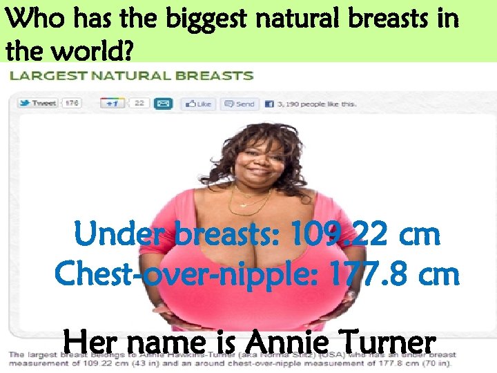 Who has the biggest natural breasts in the world? Under breasts: 109. 22 cm