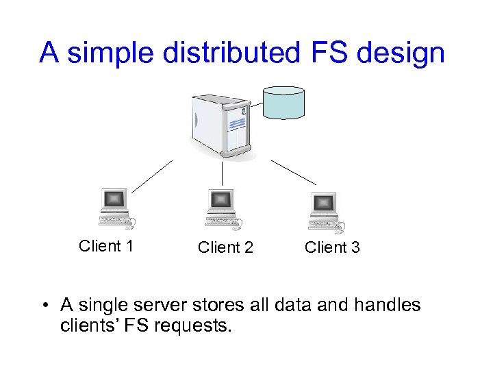 A simple distributed FS design Client 1 Client 2 Client 3 • A single