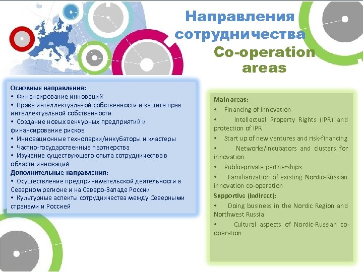 Направления сотрудничества Co-operation areas Основные направления: • Финансирование инноваций • Права интеллектуальной собственности и