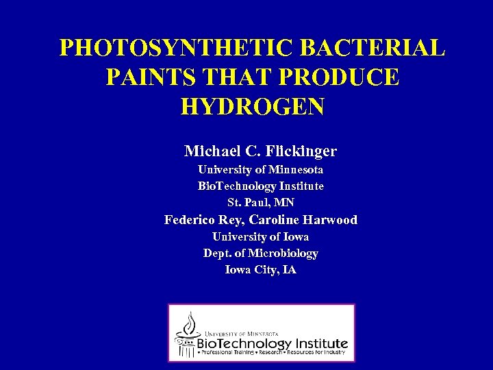 PHOTOSYNTHETIC BACTERIAL PAINTS THAT PRODUCE HYDROGEN Michael C. Flickinger University of Minnesota Bio. Technology