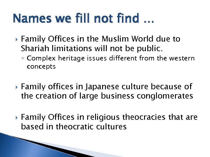 Names we fill not find. . . Family Offices in the Muslim World due