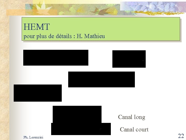 HEMT pour plus de détails : H. Mathieu Canal long Canal court Ph. Lorenzini