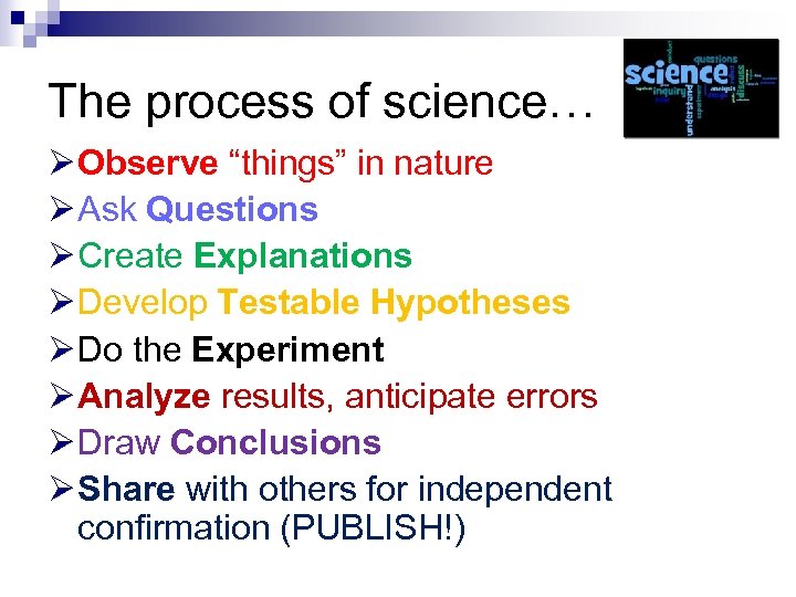 The process of science… Ø Observe “things” in nature Ø Ask Questions Ø Create