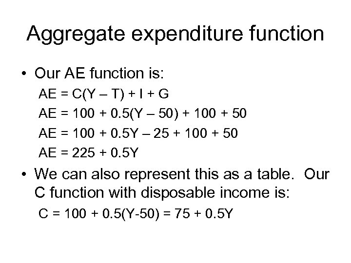 Aggregate expenditure function • Our AE function is: AE = C(Y – T) +