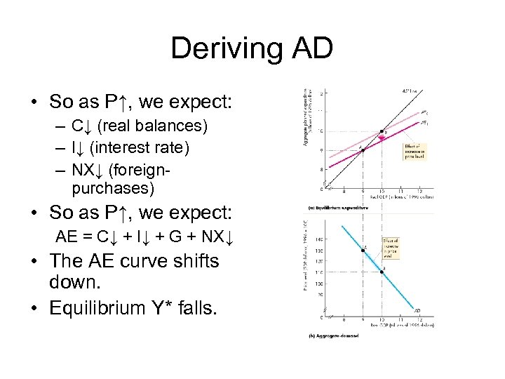 Deriving AD • So as P↑, we expect: – C↓ (real balances) – I↓