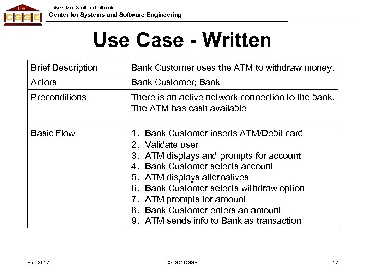 University of Southern California Center for Systems and Software Engineering Use Case - Written