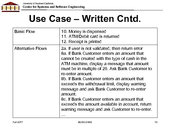University of Southern California Center for Systems and Software Engineering Use Case – Written