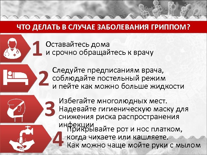 ЧТО ДЕЛАТЬ В СЛУЧАЕ ЗАБОЛЕВАНИЯ ГРИППОМ? 1 2 3 4 Оставайтесь дома и срочно