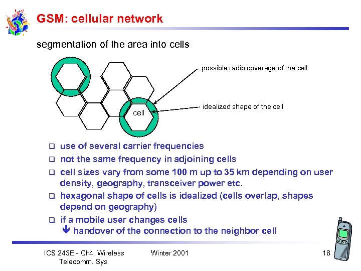GSM: cellular network segmentation of the area into cells possible radio coverage of the