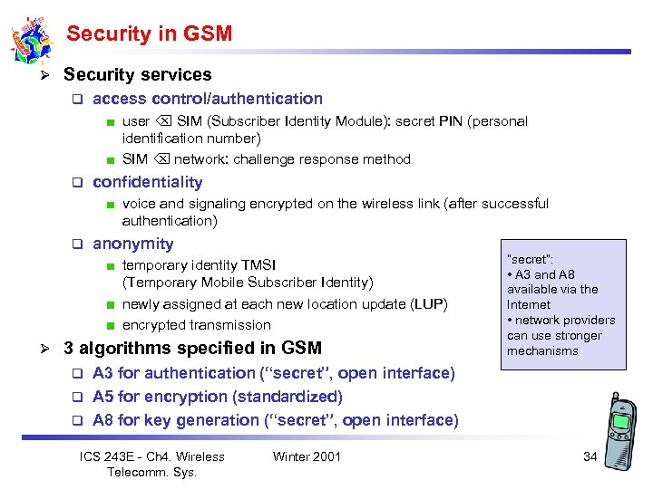 Security in GSM Ø Security services q access control/authentication user SIM (Subscriber Identity Module):