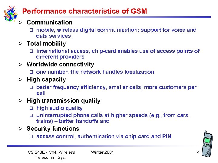 Performance characteristics of GSM Ø Communication q Ø Total mobility q Ø one number,