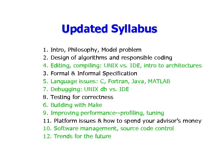 Updated Syllabus 1. Intro, Philosophy, Model problem 2. Design of algorithms and responsible coding