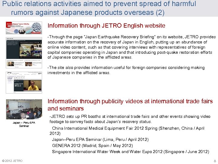 Public relations activities aimed to prevent spread of harmful rumors against Japanese products overseas