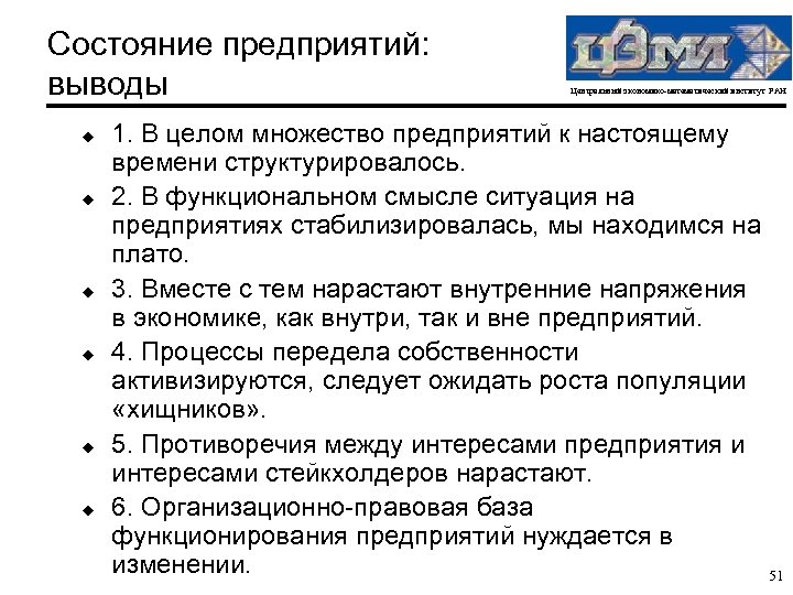 Организация вывода. Множественность предприятия. Предприятие заключение. Вывод об экономическом состоянии предприятия. Вывод по предприятию в целом.