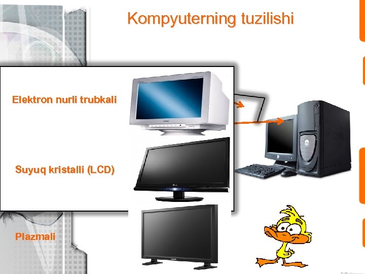 Kompyuterning tuzilishi Monitor Elektron nurli trubkali Sistema bloki Suyuq kristalli (LCD) Klaviatura Plazmali 