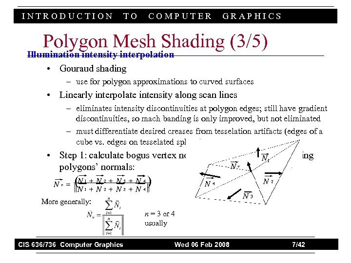 INTRODUCTION TO COMPUTER GRAPHICS Polygon Mesh Shading (3/5) Illumination intensity interpolation • Gouraud shading