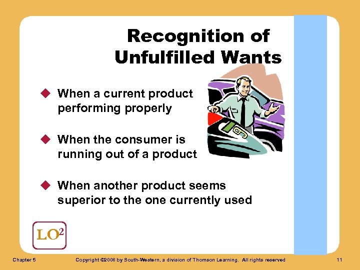 Recognition of Unfulfilled Wants u When a current product performing properly isn’t u When