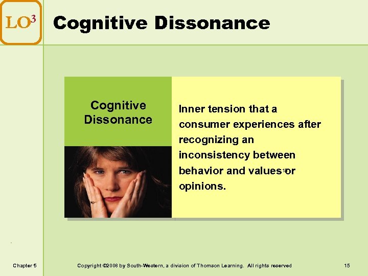 LO 3 Cognitive Dissonance Chapter 5 Inner tension that a consumer experiences after recognizing