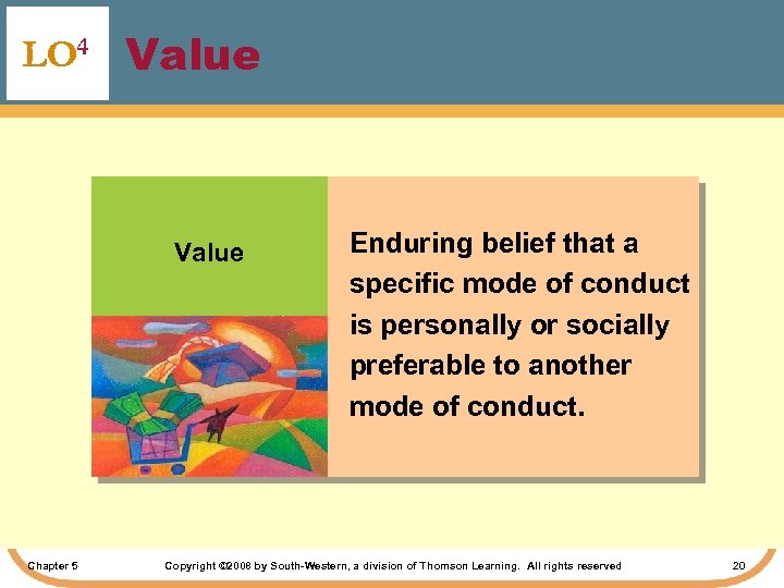 LO 4 Value Chapter 5 Enduring belief that a specific mode of conduct is