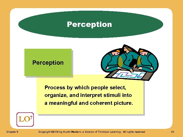 Perception Process by which people select, organize, and interpret stimuli into a meaningful and