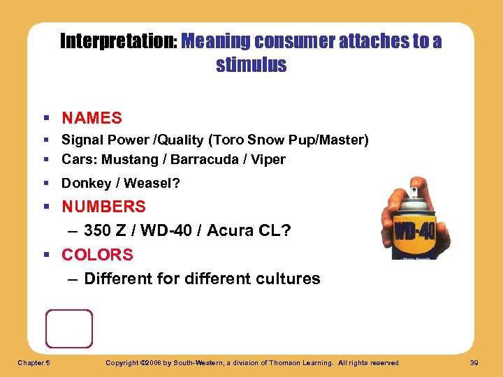 Interpretation: Meaning consumer attaches to a stimulus § NAMES § Signal Power /Quality (Toro
