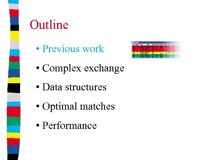 Outline • Previous work • Complex exchange • Data structures • Optimal matches •
