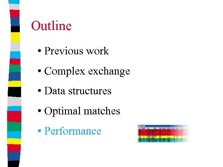 Outline • Previous work • Complex exchange • Data structures • Optimal matches •