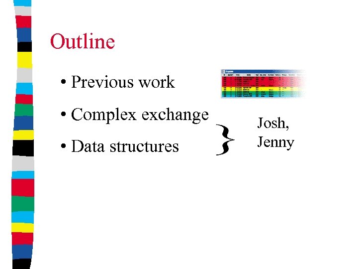 Outline • Previous work • Complex exchange • Data structures Josh, Jenny 