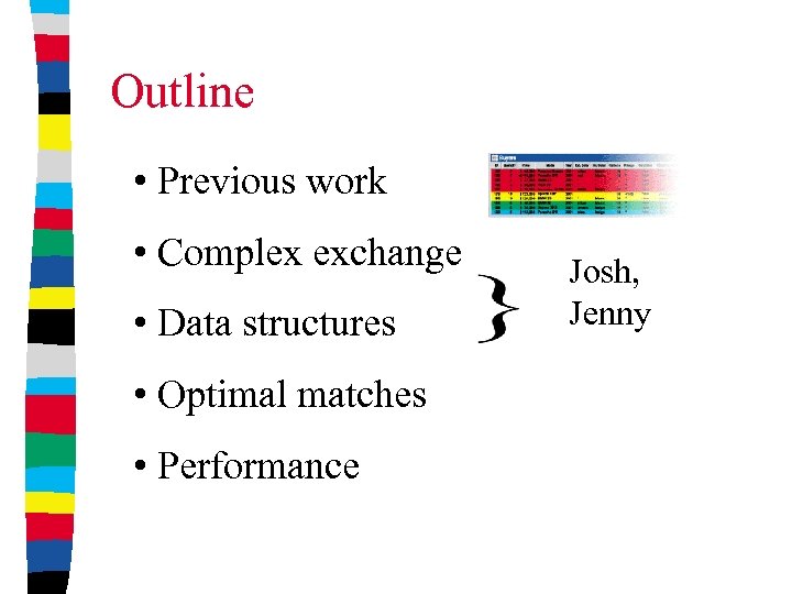 Outline • Previous work • Complex exchange • Data structures • Optimal matches •