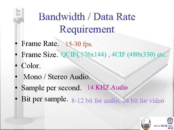 Bandwidth / Data Rate Requirement • • • Frame Rate. 15 -30 fps. Frame