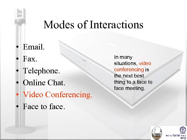 Modes of Interactions • • • Email. Fax. Telephone. Online Chat. Video Conferencing. Face