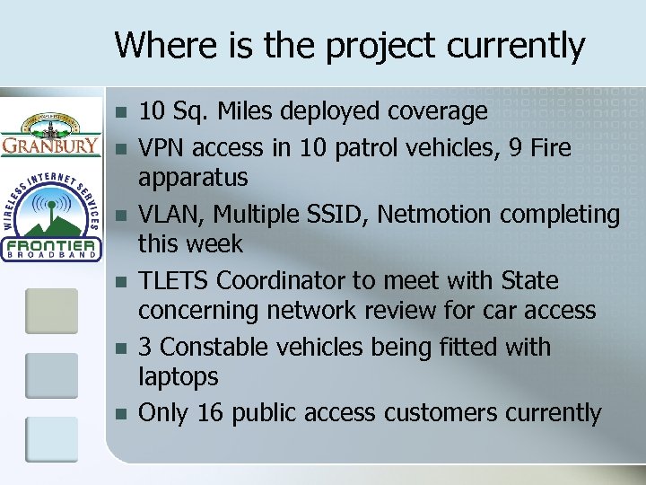 Where is the project currently n n n 10 Sq. Miles deployed coverage VPN