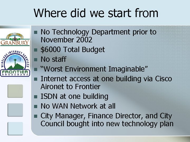 Where did we start from n n n n No Technology Department prior to