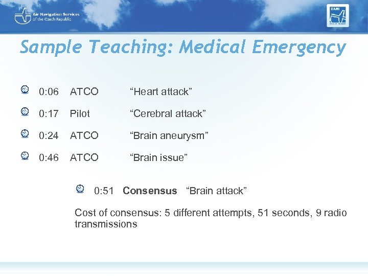 Sample Teaching: Medical Emergency 0: 06 ATCO “Heart attack” 0: 17 Pilot “Cerebral attack”